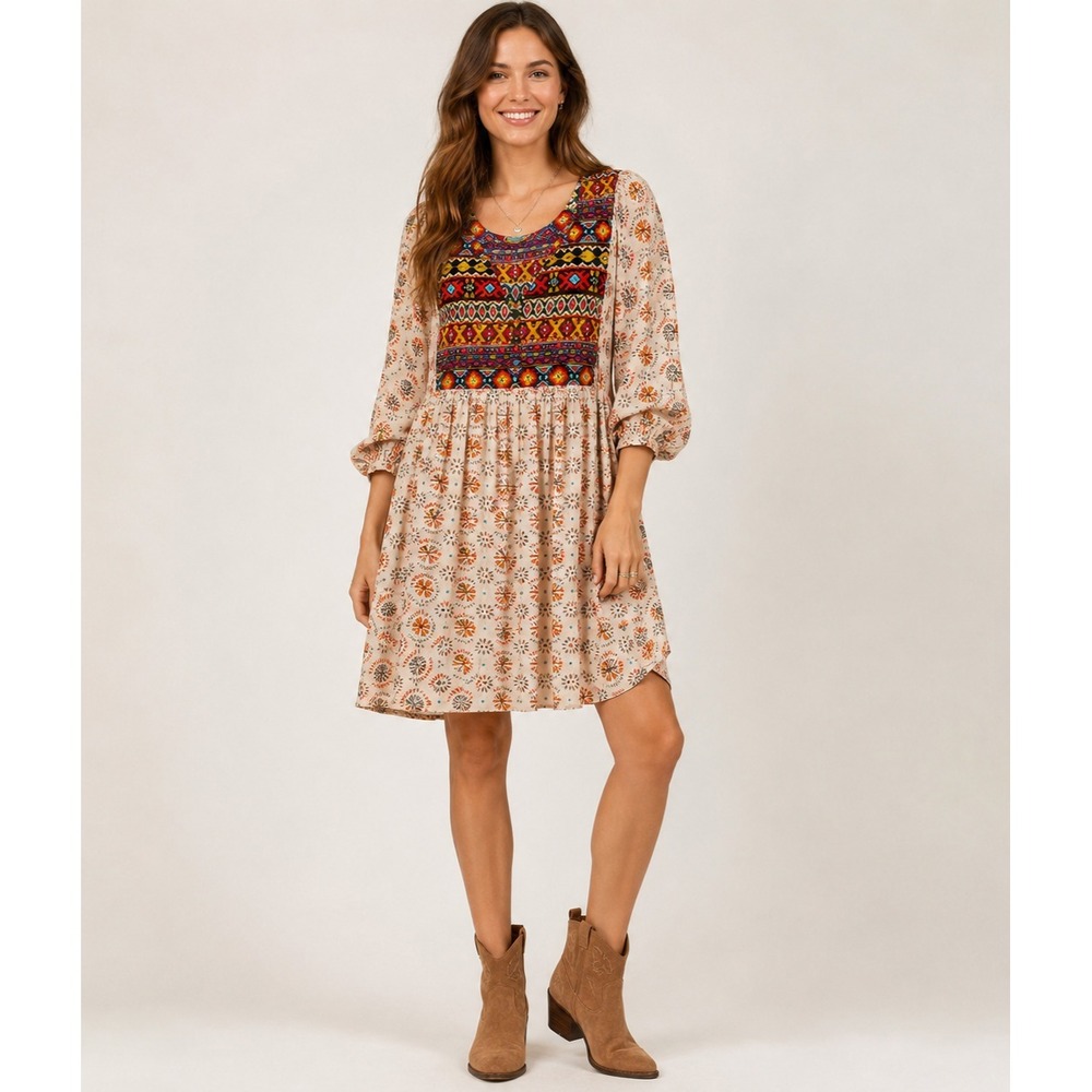 Umgee Western Babydoll Tunic Dress Small Multicolor Cotton Blend Boho Hippie